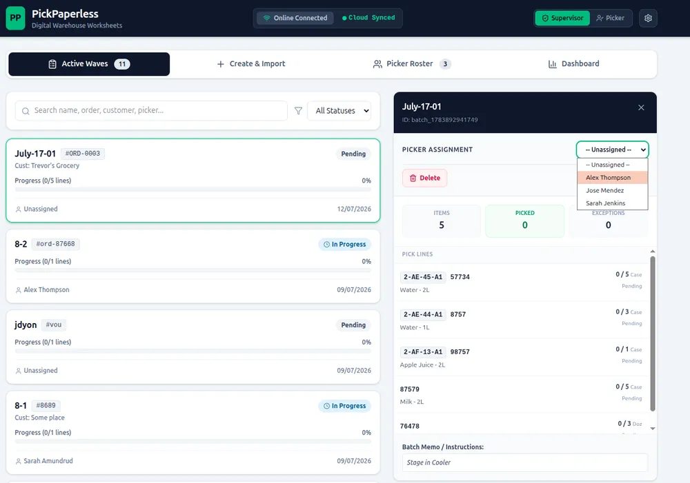 Supervisor assigning a picking wave to a picker from a list of active waves with progress and status shown for each